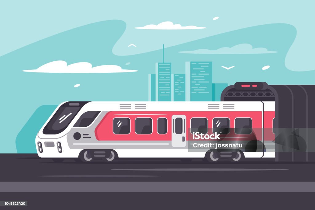 Train rushing out of city in long way. Train rushing out of city in long way. Concept vehicle, road, tourism or trip. Urban background. Vector illustration. Train - Vehicle stock vector