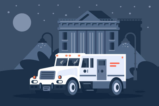 Collector s car next to the bank under cover of night. Collector s car next to the bank under cover of night. Concept vehicle, civil service, delivery. Vector illustration. armoured truck stock illustrations