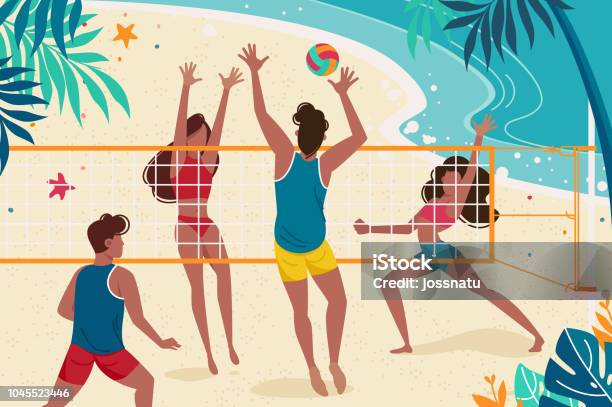 年輕人正在海邊休息向量圖形及更多排球 - 團體運動圖片 - 排球 - 團體運動, 海灘, 玩