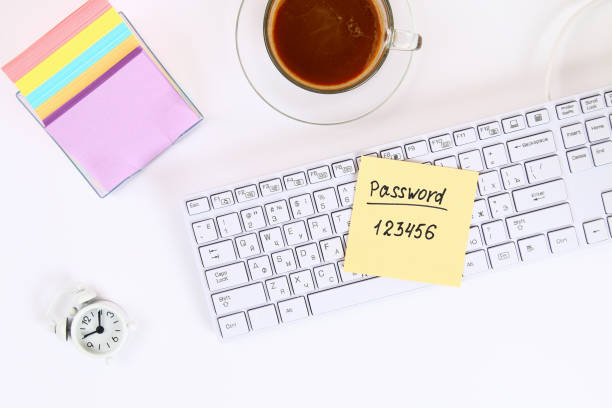 istock The password on the sticker is a note on the white desktop next to the coffee mug and the keyboard. Top view, flat layout. 1045524144