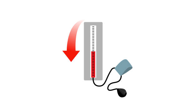 Decrease in blood pressure or low blood pressure Vector image of a blood pressure monitor and a downwards arrow blood pressure low high stock illustrations