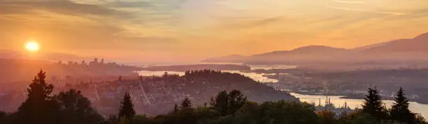 panoramic sunset view from mountaintop, Burnaby Mountain, British Columbia, Canada