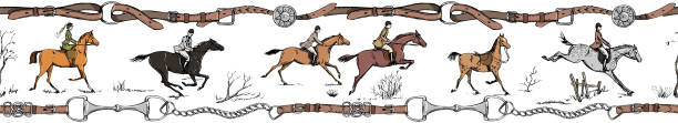 illustrazioni stock, clip art, cartoni animati e icone di tendenza di equitazione sportivo equestre in stile inglese. cavalieri al galoppo con sella. - steeplechasing
