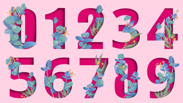 Pink carved paper isolated numeral signs with eucalyptus. Pink carved paper isolated numeral signs from zero to nine with beautiful eucalyptus blossom. Vector illustration. financial figures stock illustrations