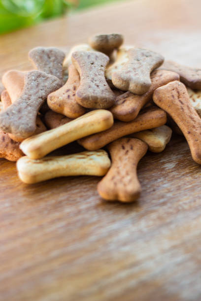 istock Dog tasty colored biscuits on wooden background 1045571310