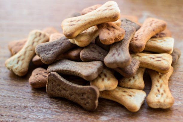 istock Dog tasty colored biscuits on wooden background 1045571894