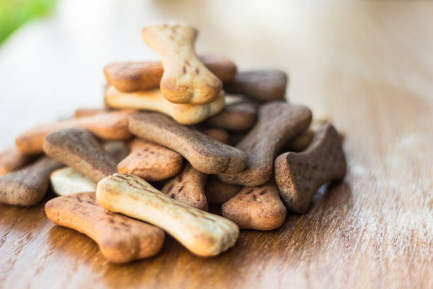istock Dog tasty colored biscuits on wooden background 1045572224