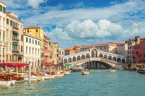 The Rialto Bridge and the Grand Canal in Venice, Italy