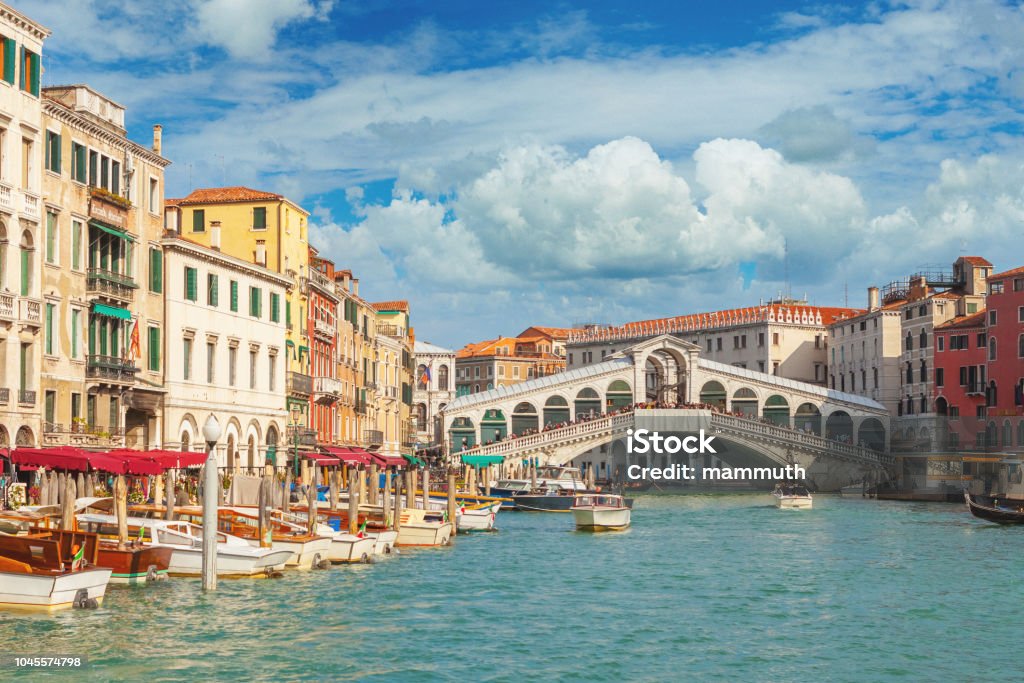 The Rialto Bridge and the Grand Canal in Venice, Italy Venetian scenery Venice - Italy Stock Photo