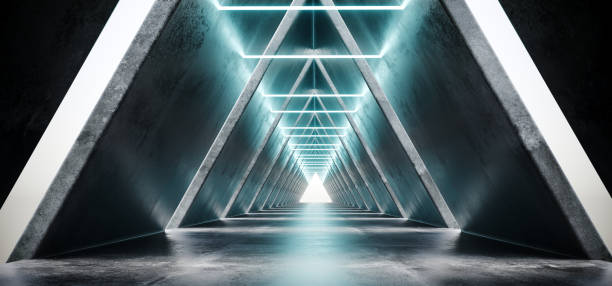 istock Futuristic Modern Sci-Fi Spaceship Concrete Long Corridor With White Strip Holes And Glowing Neon Blue Tubes With Reflections 3D Rendering 1045578112