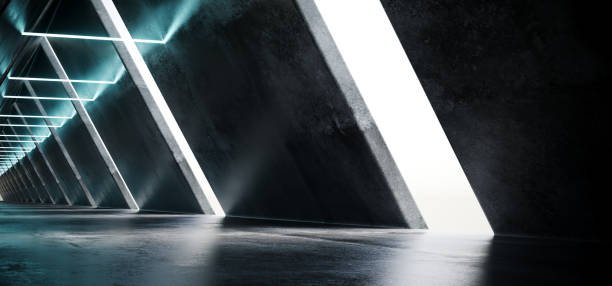 istock Futuristic Modern Sci-Fi Spaceship Concrete Long Corridor With White Strip Holes And Glowing Neon Blue Tubes With Reflections 3D Rendering 1045578136