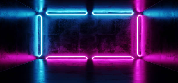 istock Futuristic Sci-Fi Modern Spaceship Club Party Dark Concrete Room With Rectangle Shaped Blue And Purple Glowing Neon Tubes 3D Rendering 1045578176