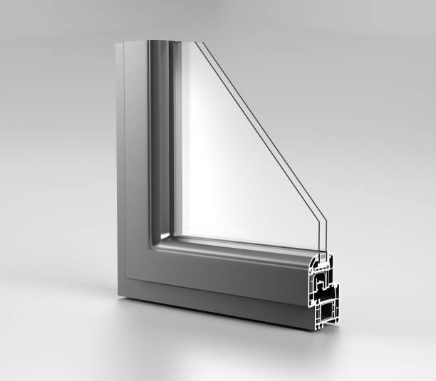 istock Realistic Angle Cut Off Modern PVC Aluminium Metal Home Window High Quality Grey Profile With Two Glasses Economy Energy Efficient Concept On White Background And Reflection 3D Rendering 1045578184