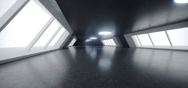 istock Futuristic Modern Big Dark Empty Hall With Reflections And Big Glowing White Light Windows Aside Wallpaper 3D Rendering 1045578232