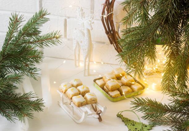 istock Christmas cookies ginger cubes in festive decoration. Rustic style. 1045581238