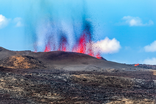 active volcano eruption at reunion island, piton de la fournaise volcano, mascarene islands, french overseas territoy.