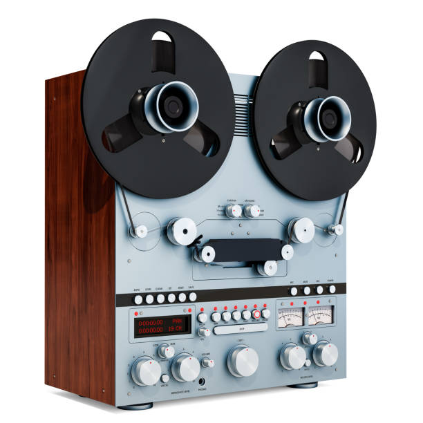 istock Retro reel-to-reel tape recorder closeup, 3D rendering 1045592242