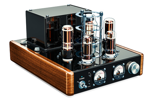 Vintage vacuum tube amplifier, 3D rendering isolated on white background