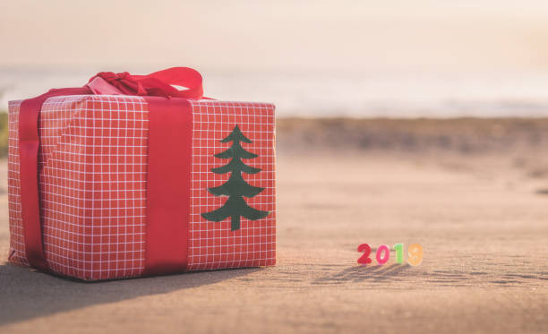 istock Christmas gift on the sand waiting for 2019 1045598766