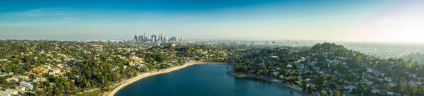 Silver Lake and Los Angeles Sprawl - Aerial Panorama Aerial panorama of Los Angeles, California, taken from above the Silver Lake Reservoir and looking towards the downtown skyscrapers. los angeles aerial stock pictures, royalty-free photos & images