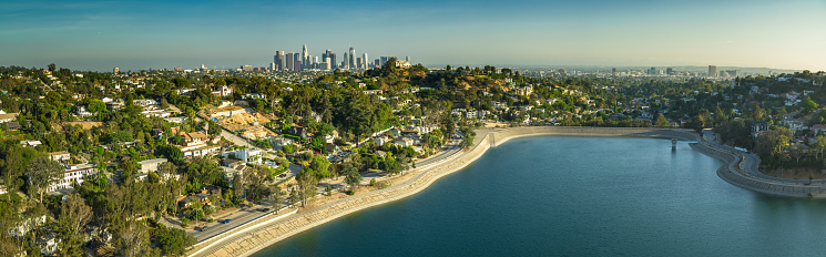 Aerial panorama of Los Angeles, California, taken from above the Silver Lake Reservoir and looking towards the downtown skyscrapers.