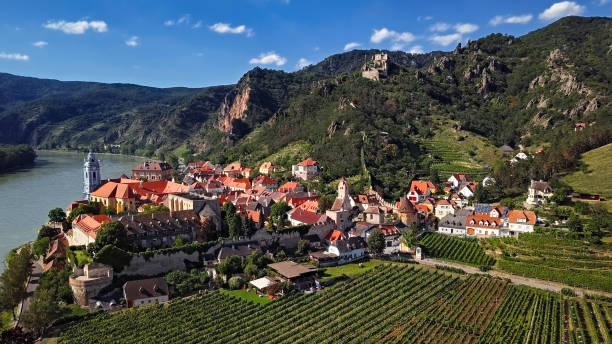 Aerial panorama of Durnstein town. Wachau valley, Austria Panorama of Durnstein, Wachau valley, Austria. durnstein stock pictures, royalty-free photos & images