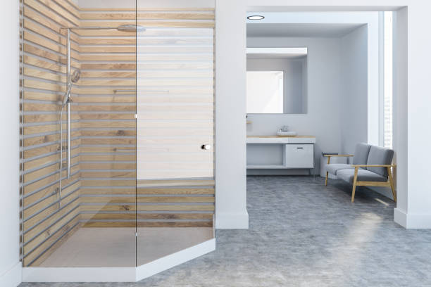 istock Luxury white bathroom sink and shower side view 1045622260