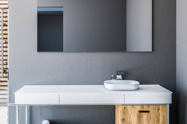 istock Sink in gray Scandinavian style bathroom close up 1045622444