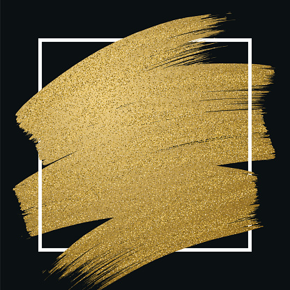 Glitter golden brush stroke with frame on black background