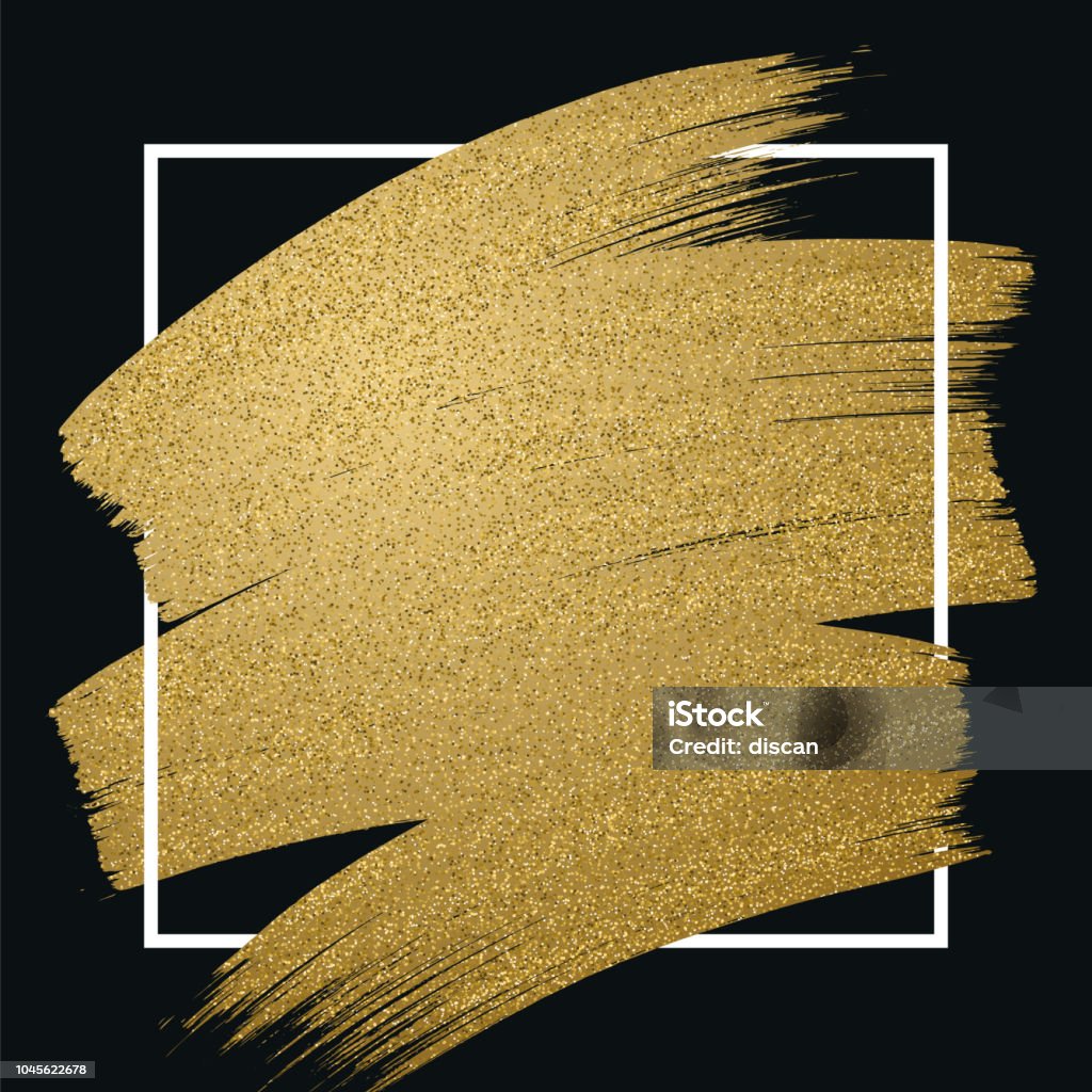 Glitter golden brush stroke with frame on black background Glitter golden brush stroke with frame on black background. Vector illustration. Gold - Metal stock vector