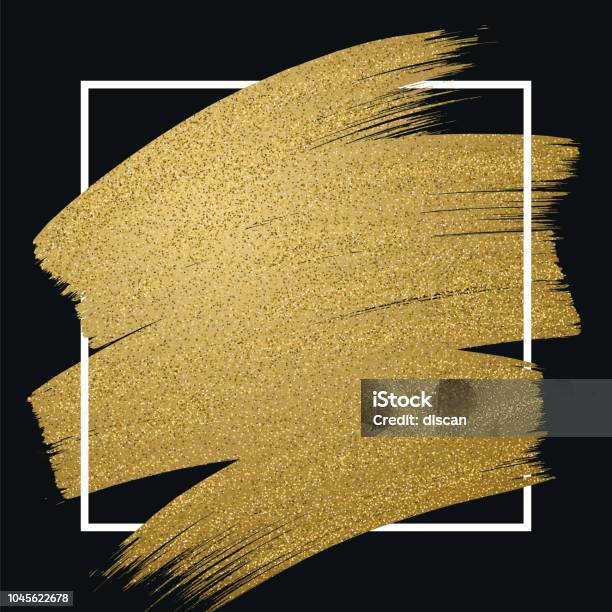 Glitter Golden Brush Stroke With Frame On Black Background Stock Illustration - Download Image Now