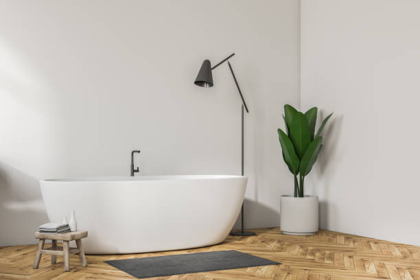 istock White bathroom corner, white tub and lamp 1045622686