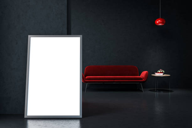 istock Red sofa in empty black living room, poster 1045622932
