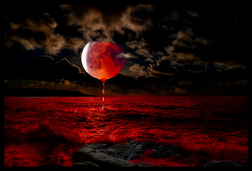 artistic work including blood moon, sea, clouds