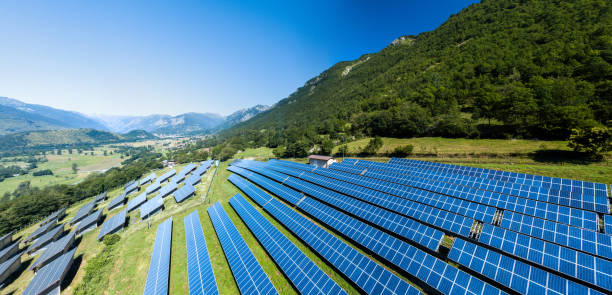 Aerial view of solar power station stock photo