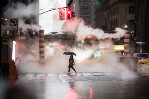 A woman with an umbrella and red high heels shoes is crossing the 42nd street in Manhattan. A woman with an umbrella and red high heels shoes is crossing the 42nd street in Manhattan. Taxi and steam coming out from from the manholes in the background. New York City, Usa. 42nd street photos stock pictures, royalty-free photos & images