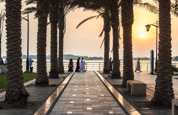 Jeddah Corniche Romantic light at sunset at Jeddah Corniche - famous local beach, public place and sightseeing. Every evening and sunset people watching King Fahd's Fountain here corniche photos stock pictures, royalty-free photos & images