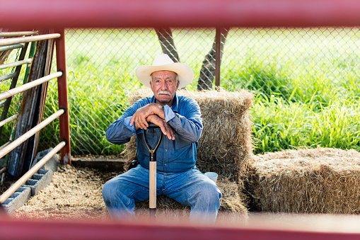 A senior mexican man sitting on haystacks, leaning on a shovel and looking at the camera.