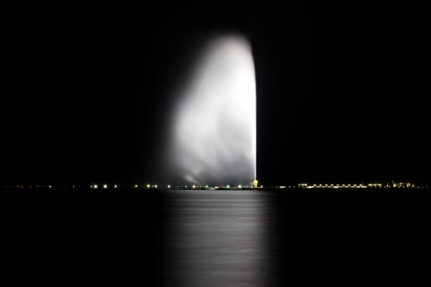King Fahd's fountain in Jeddah jets water in the air with night illumination. The biggest fountain in the world. Jeddah. Saudi Arabia, Red Sea