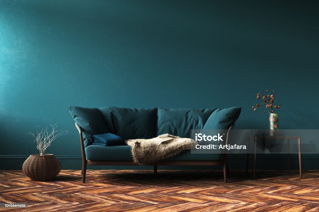 Mock-up interno casa con divano verde, tavolo e arredamento in soggiorno - Foto stock royalty-free di Soggiorno