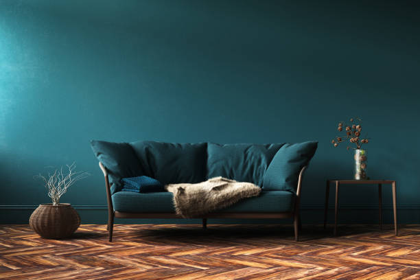 Home interior mock-up with green sofa, table and decor in living room Home interior mock-up with green sofa, table and decor in living room, 3d render plaid couch stock pictures, royalty-free photos & images