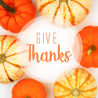 Give Thanks greeting card with frame of assorted autumn pumpkins over a white background