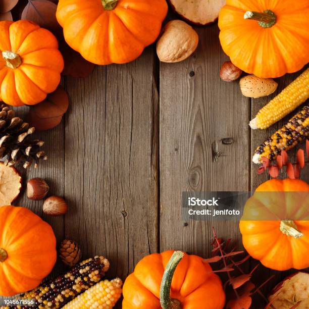 Autumn Frame Of Pumpkins And Decor On Rustic Wood Stock Photo - Download Image Now - Backgrounds, Corn, Leaf
