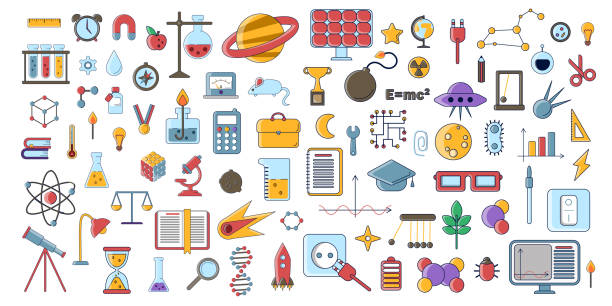 ilustraciones, imágenes clip art, dibujos animados e iconos de stock de conjunto de iconos plano vector científico, educación signos y símbolos en el diseño de la ciencia moderna color con elementos de conceptos móviles y aplicaciones web. colección de iconos lindos de educación y ciencia - dna science child education