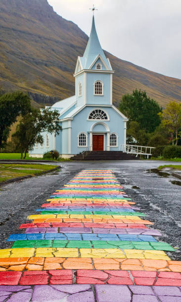 Seyðisfjörður's blue church stock photo