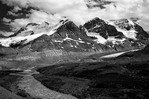 Scenery at Columbia Icefield in Black and White, Jasper National Park, Canada