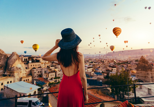 Woman, Hot Air Balloon, Sunset, Turkey - Middle East, Cappadocia, Air Vehicle