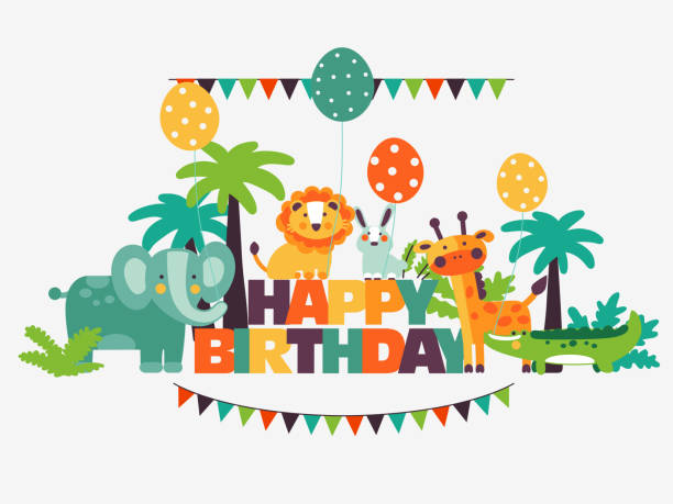 herzlichen glückwunsch zum geburtstag. schöne karte mit lustigen niedlichen tieren und luftballons - tropical rainforest animal cartoon lion stock-grafiken, -clipart, -cartoons und -symbole