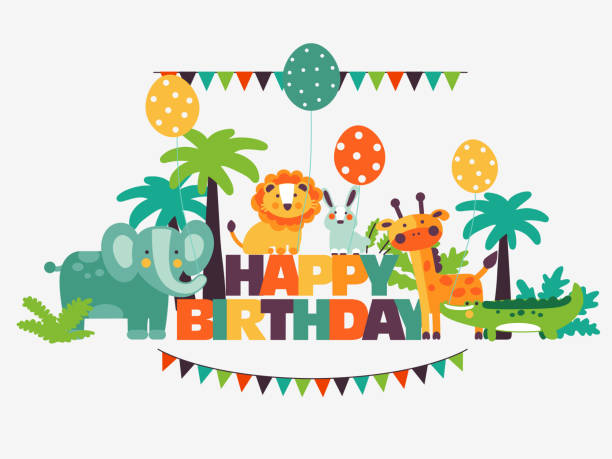 Happy birthday. Lovely card with funny cute animals and balloons Happy birthday. Lovely card with funny cute animals and balloons safari animals cartoon stock illustrations