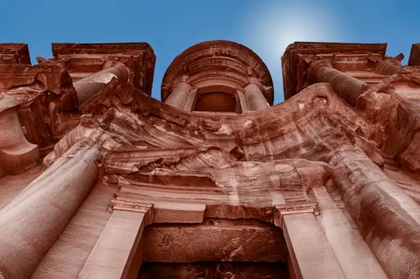 Standing beneath the Monastery in Petra and looking up to the sky, one can see the incredible detail of this edifice carved into the sandstone cliffs.